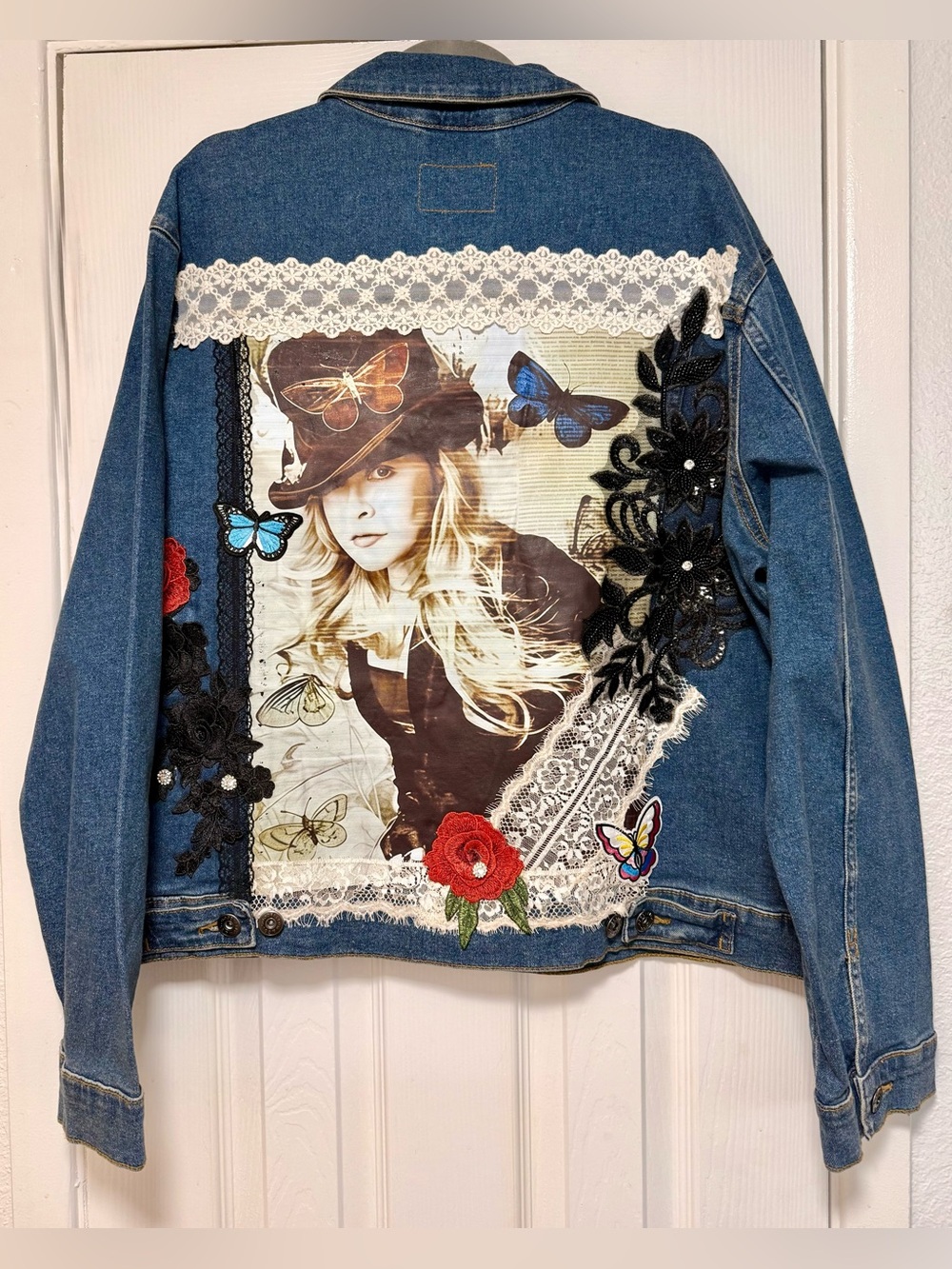 Stevie Nicks Handmade Blue Denim Jacket with Lace, Floral & Butterfly Appliqué